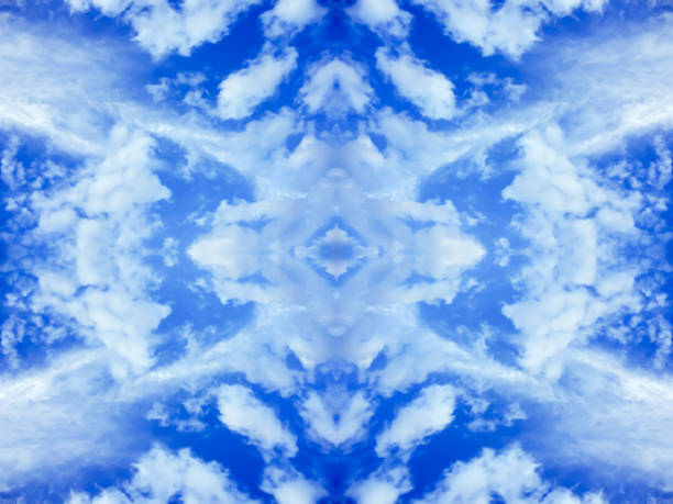 Blue sky with bright clouds. Mirror reflection, textured background with kaleidoscope effect. Abstract natural wallpaper