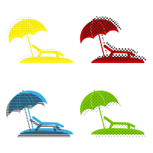 Tropical resort beach. Sunbed Chair sign. Vector. Yellow, red, b Tropical resort beach. Sunbed Chair sign. Vector. Yellow, red, blue, green icons with their black texture at white background. red beach chairs stock illustrations
