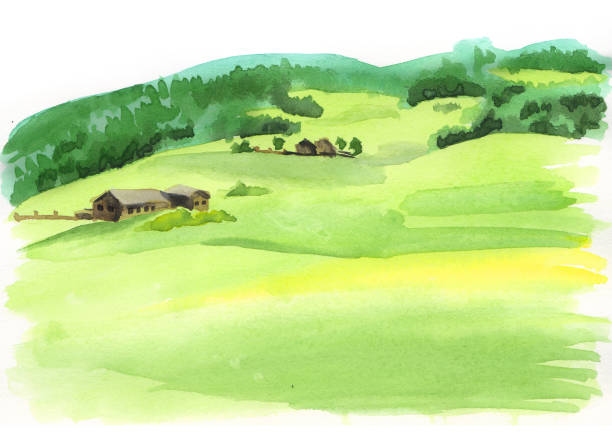 알파인 풍경입니다. 수채화 그림 - village switzerland landscape swiss culture stock illustrations