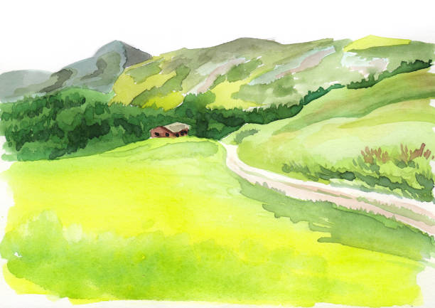 alpine landschaft. aquarell bild - alp village meadow field stock-grafiken, -clipart, -cartoons und -symbole