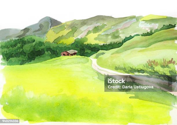 Alpine Scenery Watercolor Illustration Stock Illustration - Download Image Now - Watercolor Painting, Landscape - Scenery, Farm