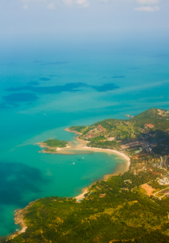 High angle view sea sky and seaside tourist town of Ao Chalong bay from Khao-Khad mountain viewpoint famous attractions in Phuket island, Thailand