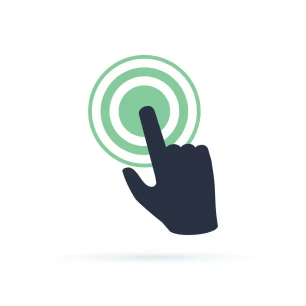 Vector illustration of Black hand pushing on green button. Concept of new fast start up symbol or forefinger hit or tap