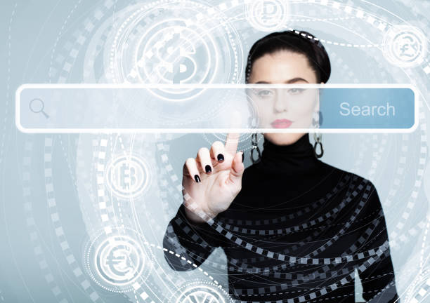 istock Pointing female hand with empty address bar on virtual screen . Future technology, www and internet surfing concept 940231814