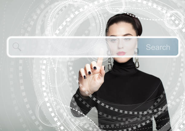 istock Pointing woman hand  and empty address bar on virtual display. New technology, www and internet surfing concept 940231818
