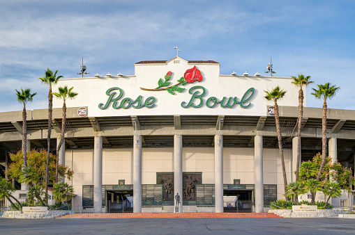 PASADENA, CA/USA - JANUARY 7, 2018: Rose Bowl stadium and logo. The Rose Bowl is a United States outdoor athletic stadium.