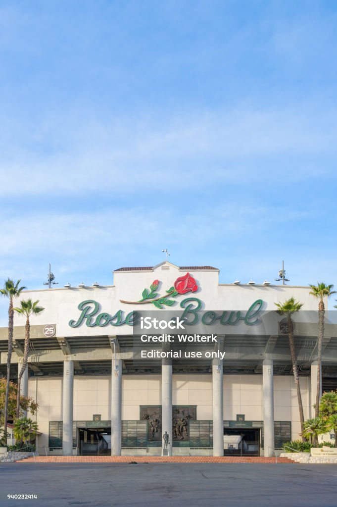 The Rose Bowl Stadium Exterior and Logo PASADENA, CA/USA - JANUARY 7, 2018: Rose Bowl stadium and logo. The Rose Bowl is a United States outdoor athletic stadium. Agricultural Field Stock Photo