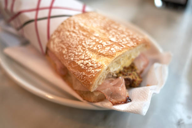 istock Sandwich with smoked ham, eggplant and mustard 940240564