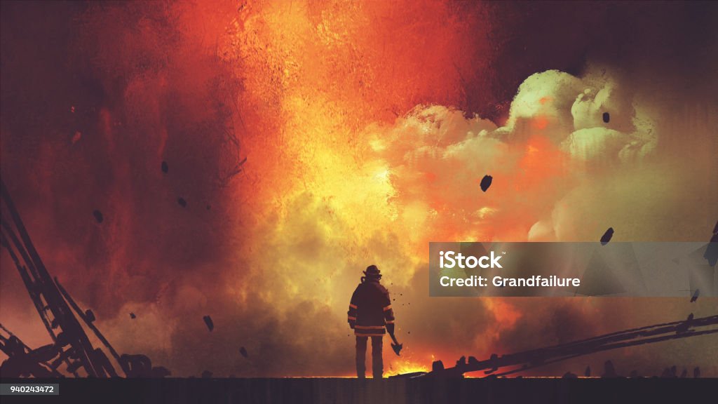 brave firefighter facing the explosion brave firefighter with axe standing in front of frightening explosion, digital art style, illustration painting Firefighter stock illustration