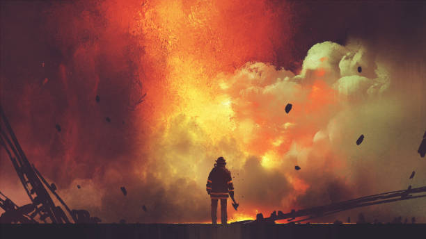 brave firefighter facing the explosion brave firefighter with axe standing in front of frightening explosion, digital art style, illustration painting courage illustrations stock illustrations