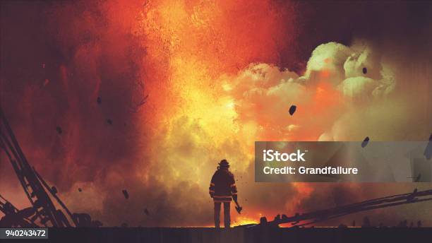 Brave Firefighter Facing The Explosion Stock Illustration - Download Image Now - Firefighter, Fire - Natural Phenomenon, Heroes