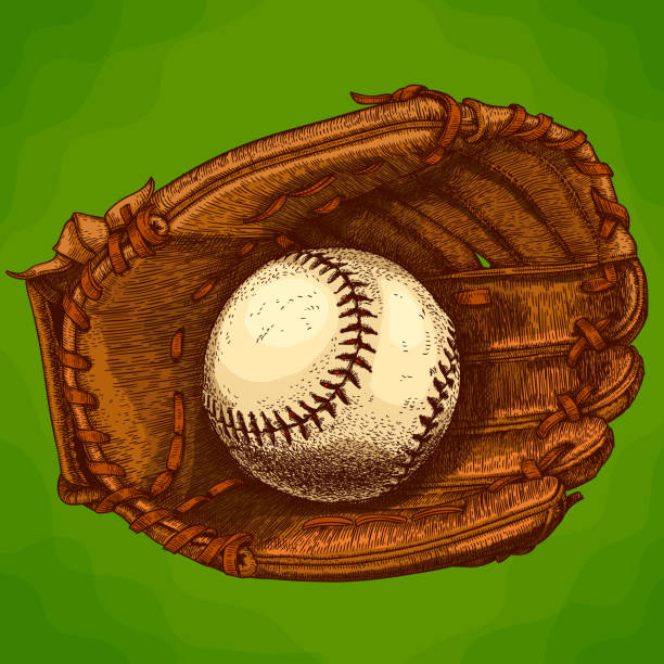 gravur außenillustration baseballhandschuh und ball - baseball glove baseball baseballs old fashioned stock-grafiken, -clipart, -cartoons und -symbole