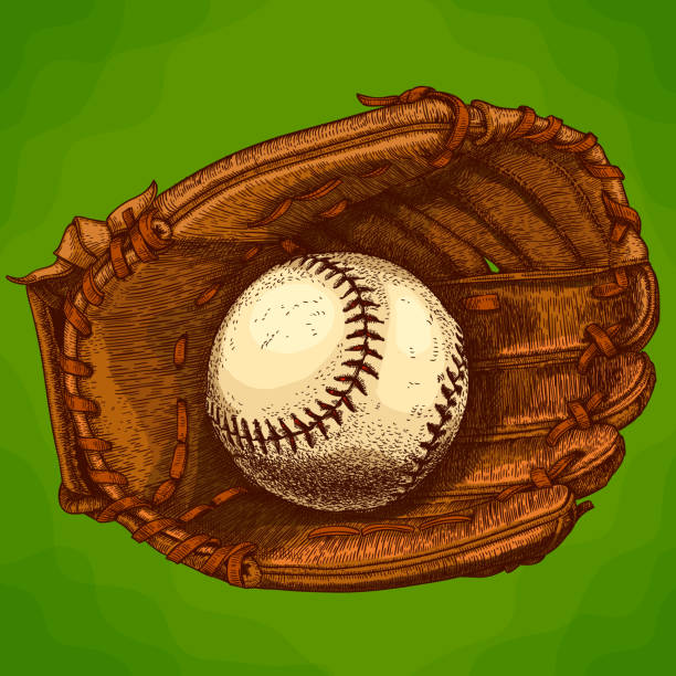 ilustraciones, imágenes clip art, dibujos animados e iconos de stock de grabado de la ilustración de guante de béisbol y balón - baseball glove baseball baseballs old fashioned