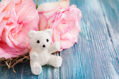 Pink Roses And Teddy Bear Stock Photo - Download Image Now - Archival,  Arrangement, Bear - iStock