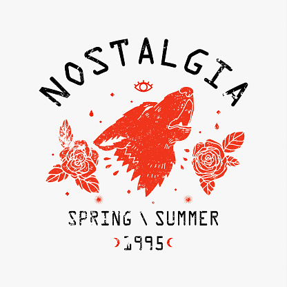 Nostalgia spring summer 1995 slogan. Rose with wolf head.Rock and roll patch. Typography graphic print, fashion drawing for t-shirts .Vector stickers,print, patches vintage
