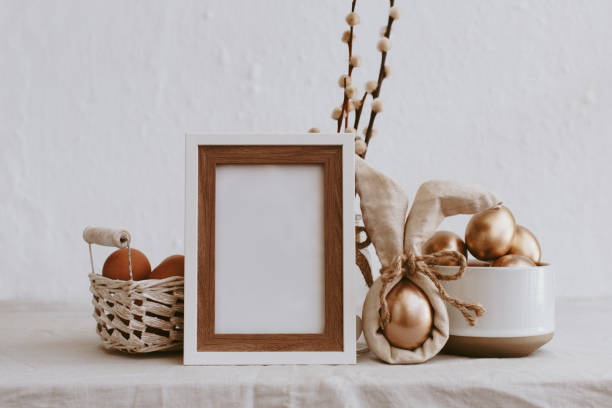 istock Happy Easter Mock Up. Rural Background  with golden eggs. Rustic concept 940263658