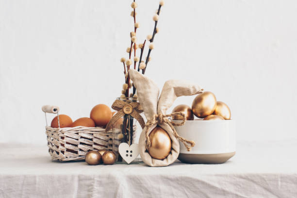 istock Happy Easter Mock Up. Rural Background  with golden eggs 940263662