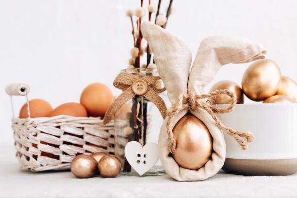 istock Happy Easter Mock Up. Rural Background  with golden eggs. Rustic concept 940264166