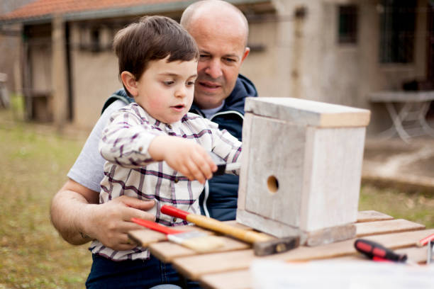 istock Father and son building birdhouse outdoor 940267898