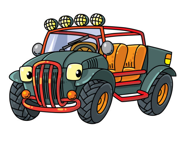 Funny buggy car or outroader Buggy, offroader or SUV. Small funny vector cute car car with eyes and mouth. Children vector illustration buggy eyes stock illustrations
