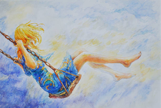 Girl on a swing White girl with blond hair in a short blue dress is riding on a swing, watercolor blond hair illustrations stock illustrations