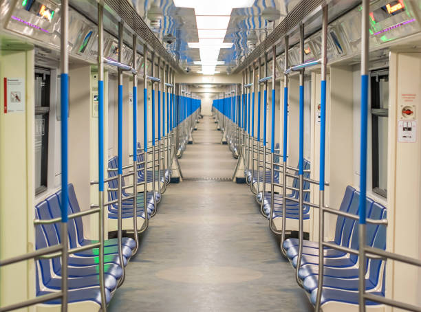 empty subway car from the inside with a modern interior stock photo