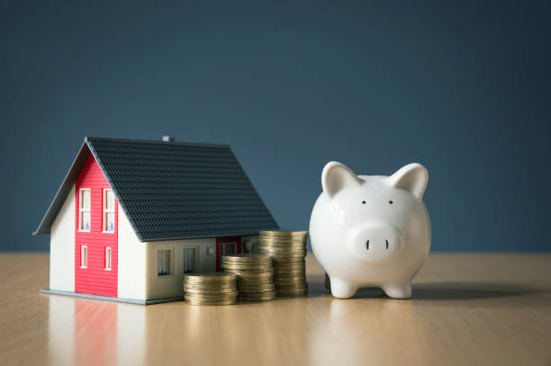 Saving money for house concept with white piggy bank Buying, Finance, Finance and Economy, Home Finances, Home Improvement piggy bank photos stock pictures, royalty-free photos & images
