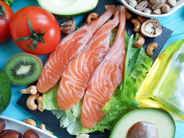 istock red fish, avocado on blue wooden 940287380