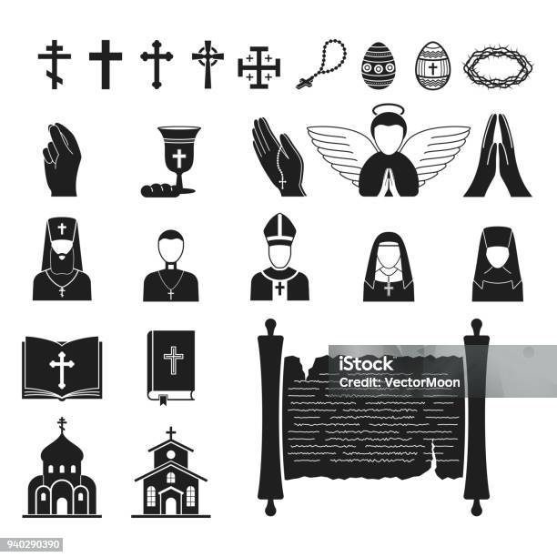 Christianity Religion Vector Religionism Flat Illustration Of Traditional Holy Sign Silhouette Praying Religionary Christian Faith Religionist Priest Church Traditional Culture Symbol Stock Illustration - Download Image Now