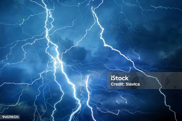 Lightning During Summer Storm Stock Photo - Download Image Now - Lightning, Backgrounds, Thunderstorm