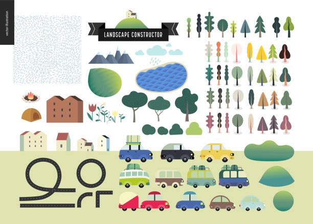 Summer landcape constructor Summer landcape constructor set - kit of city and park landscape elements - houses, trees, cars, roads. Travel to tourist camp. cityscape icons stock illustrations
