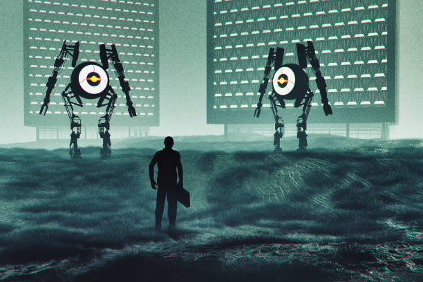 istock Futuristic evil looking surveillance robots against businessman 940308502