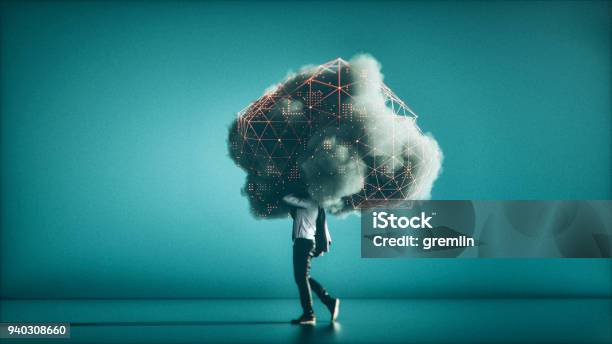 Humorous Mobile Cloud Computing Conceptual Image Stock Photo - Download Image Now - Cloud Computing, Technology, Security