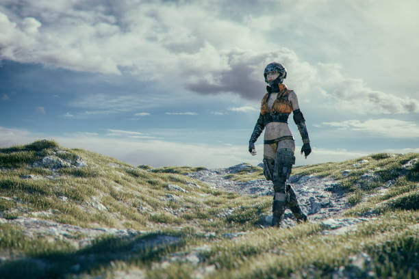 istock Futuristic astronaut walking on green planet 940308682
