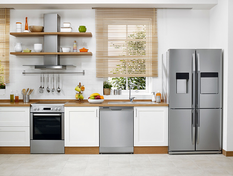 Wide angle shot of a Domestic kitchen with modern appliances