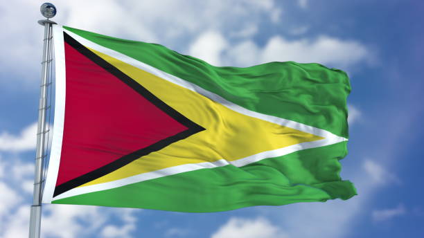 guyana-flagge am blauen himmel - flag of guyana stock-fotos und bilder