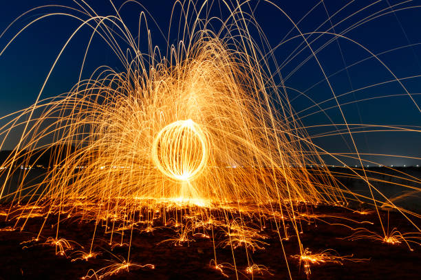 istock Ring of fire at the lake,Burning Steel Wool spinning 940334562