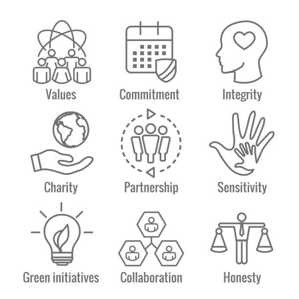 Social Responsibility Outline Icon Set with Honesty, integrity, collaboration, etc Social Responsibility Outline Icon Set with Honesty, integrity, & collaboration, etc initiatives stock illustrations