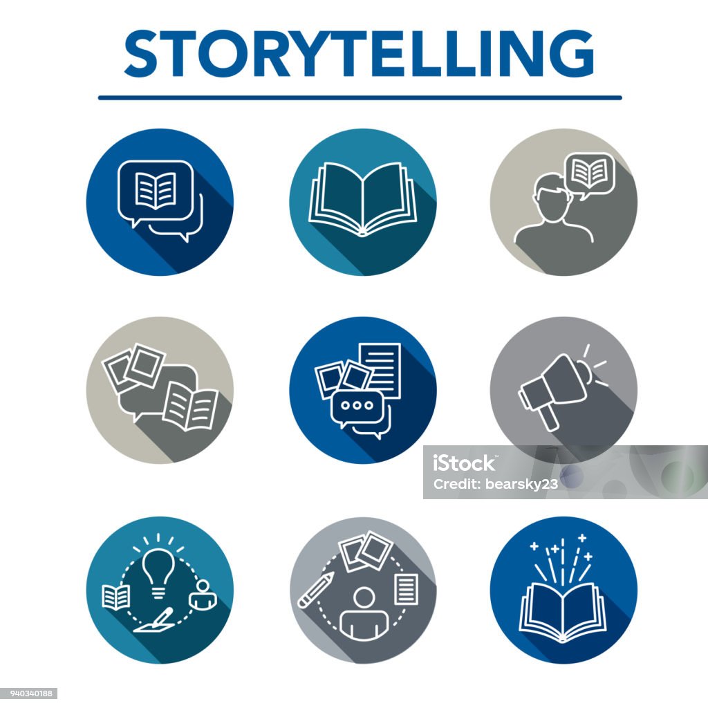 Set di icone storytelling con bolle vocali - arte vettoriale royalty-free di Narrare Storie