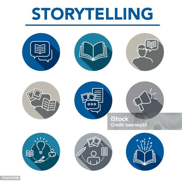 Set Di Icone Storytelling Con Bolle Vocali - Immagini vettoriali stock e altre immagini di Narrare Storie - Narrare Storie, Icona, Condividere