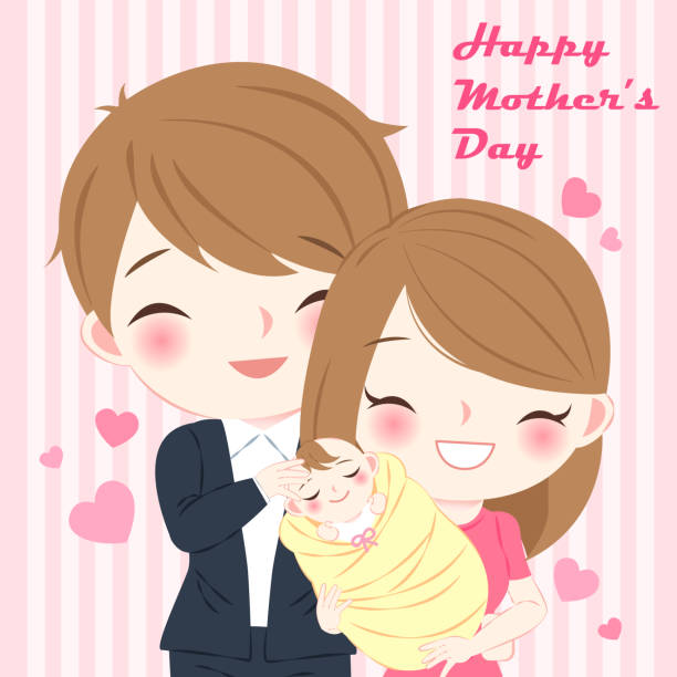 cartoon happy mother day cartoon happy mother day on the pink background cute pregnant woman with gift stock illustrations