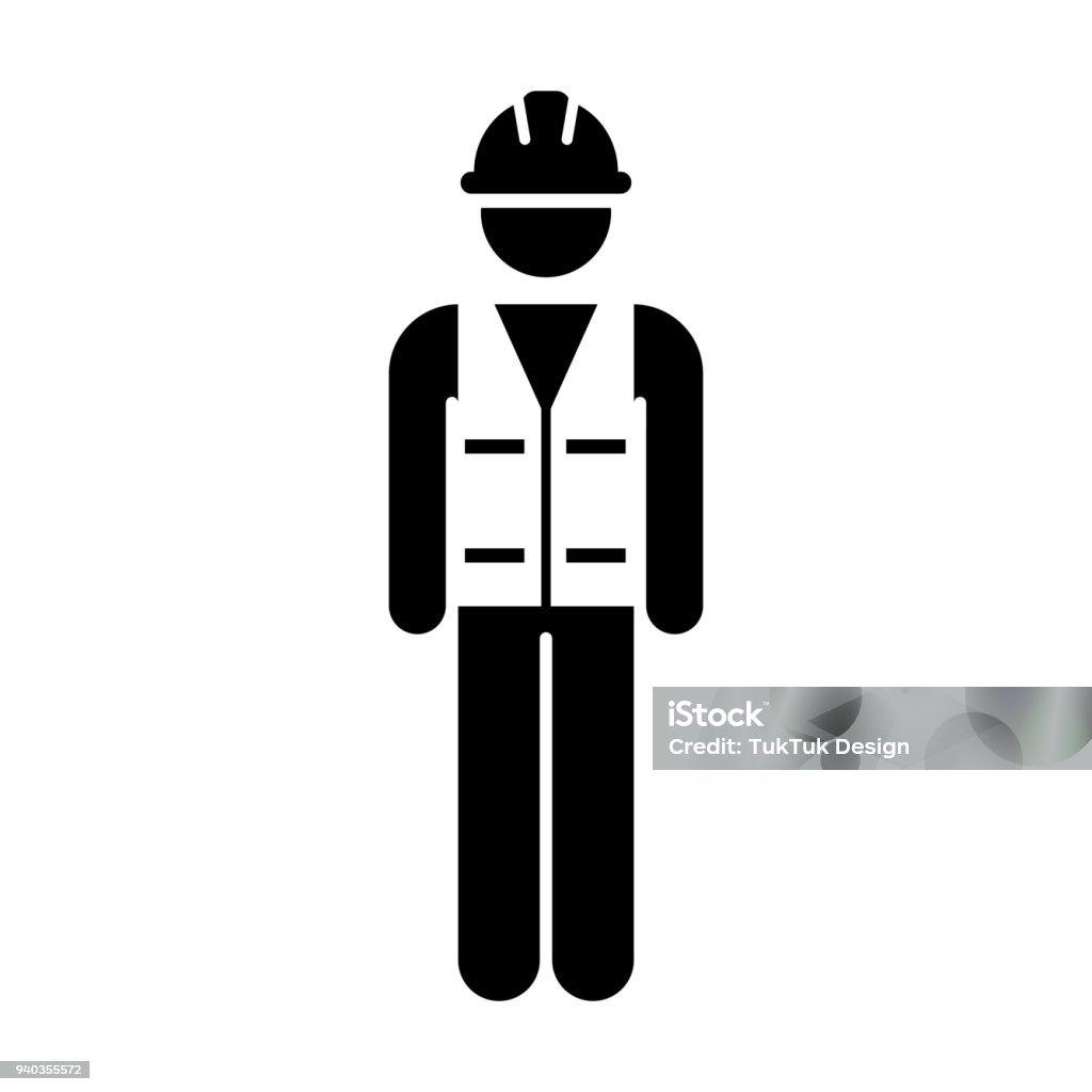 Arbeiter Icon Vector Service Mann bauen Bau Arbeiter mit Bauarbeiterhelm Helm und Jacke in Glyph Piktogramm Symbol - Lizenzfrei Icon Vektorgrafik