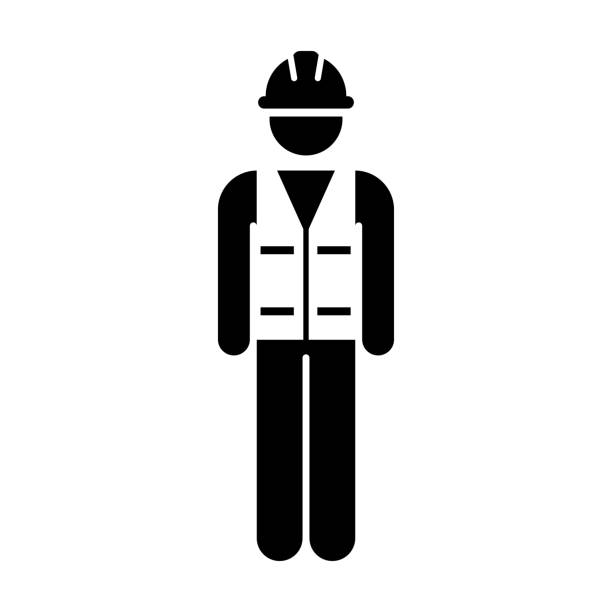 illustrations, cliparts, dessins animés et icônes de travailleur icône vector service personne de sexe masculin de bâtiment construction workman avec hardhat casque et veste en glyphe pictogramme symbole - safety sign protective workwear factory