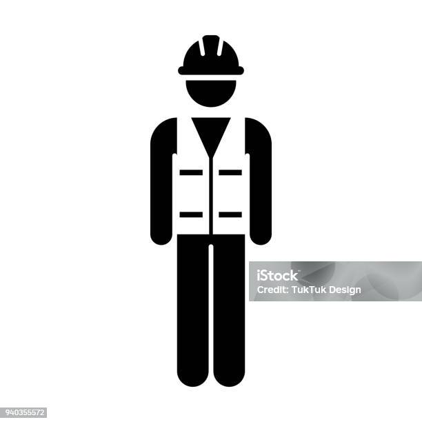 Worker Icon Vector Male Service Person Of Building Construction Workman With Hardhat Helmet And Jacket In Glyph Pictogram Symbol Stock Illustration - Download Image Now