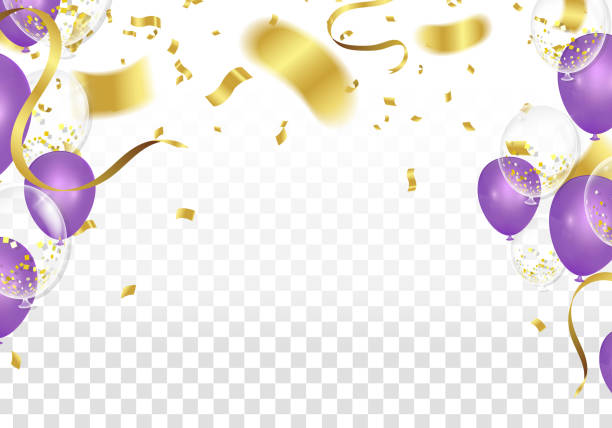 ilustrações de stock, clip art, desenhos animados e ícones de purple balloons and confetti party vector illustration of a party background with confetti curly ribbons and  balloons on the upstairs isolated on white background. 3d illustration of celebration, party baloons - upstairs