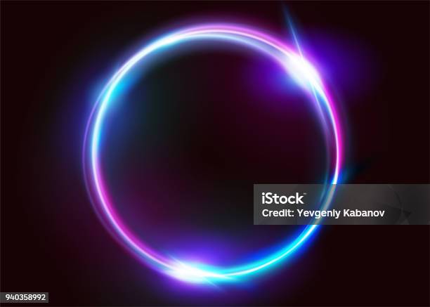 Vector Vibrant Neon Circle With Glow Modern Round Frame With Empty Space For Text Abstract Bright Neon Loop With Transparency Colorful Shine Flare Illustration For Advertising Banner Card Stock Illustration - Download Image Now