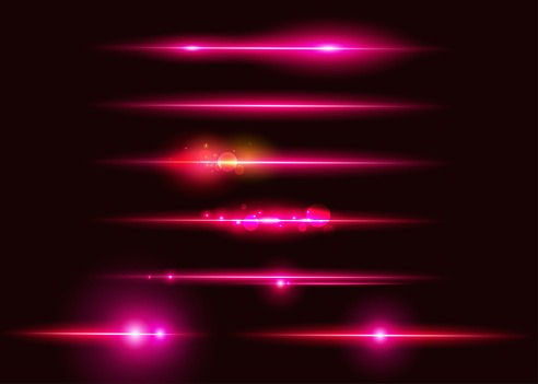 Set of Vector Glowing Neon Light Effects. Abstract Pink Line with Radiance and Bokeh Effect. UI Design Element. Transparent Lens Flare. Futuristic Vibrant Glow for Game Design, Banner, Frame, Button.