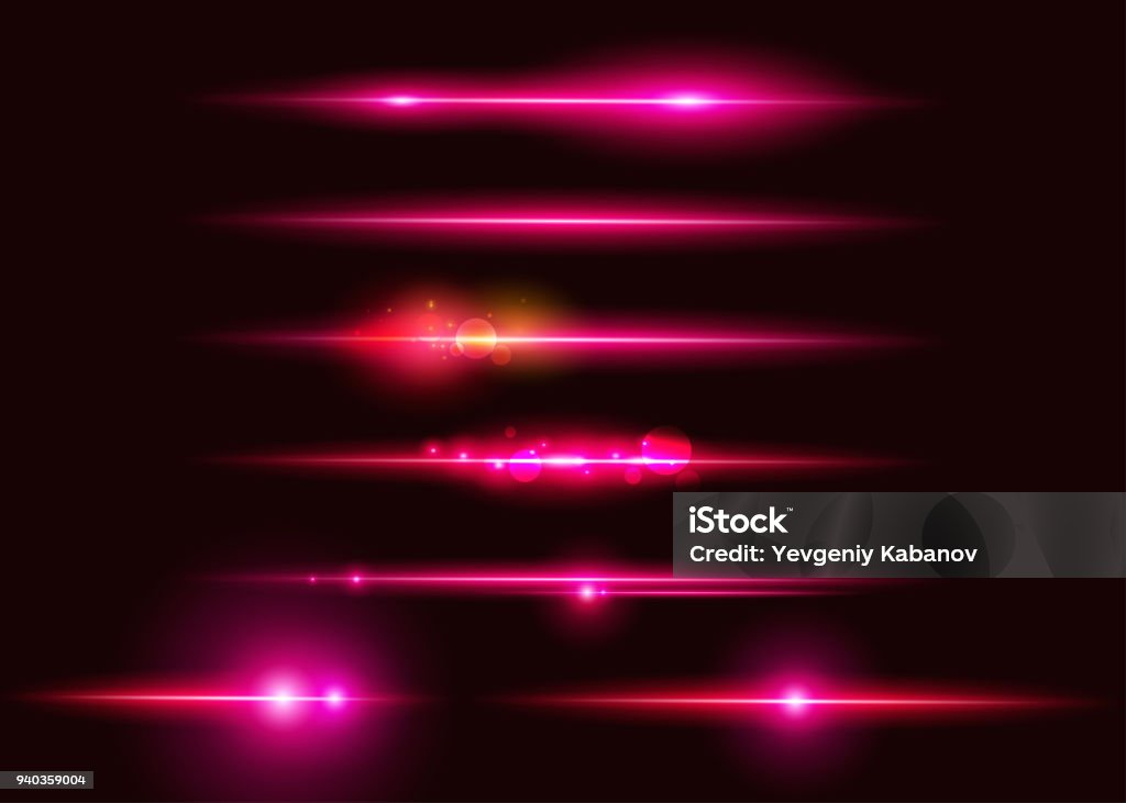 Set of Vector Glowing Neon Light Effects. Abstract Pink Line with Radiance and Bokeh Effect. UI Design Element. Transparent Lens Flare. Futuristic Vibrant Glow for Game Design, Banner, Frame, Button. Pink Color stock vector