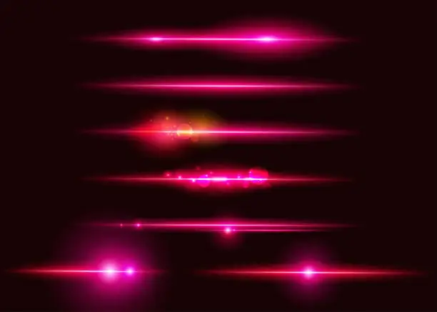 Vector illustration of Set of Vector Glowing Neon Light Effects. Abstract Pink Line with Radiance and Bokeh Effect. UI Design Element. Transparent Lens Flare. Futuristic Vibrant Glow for Game Design, Banner, Frame, Button.