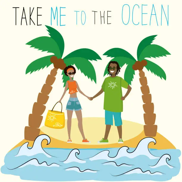 Vector illustration of Take me to the ocean. african american couple on a tropical isla